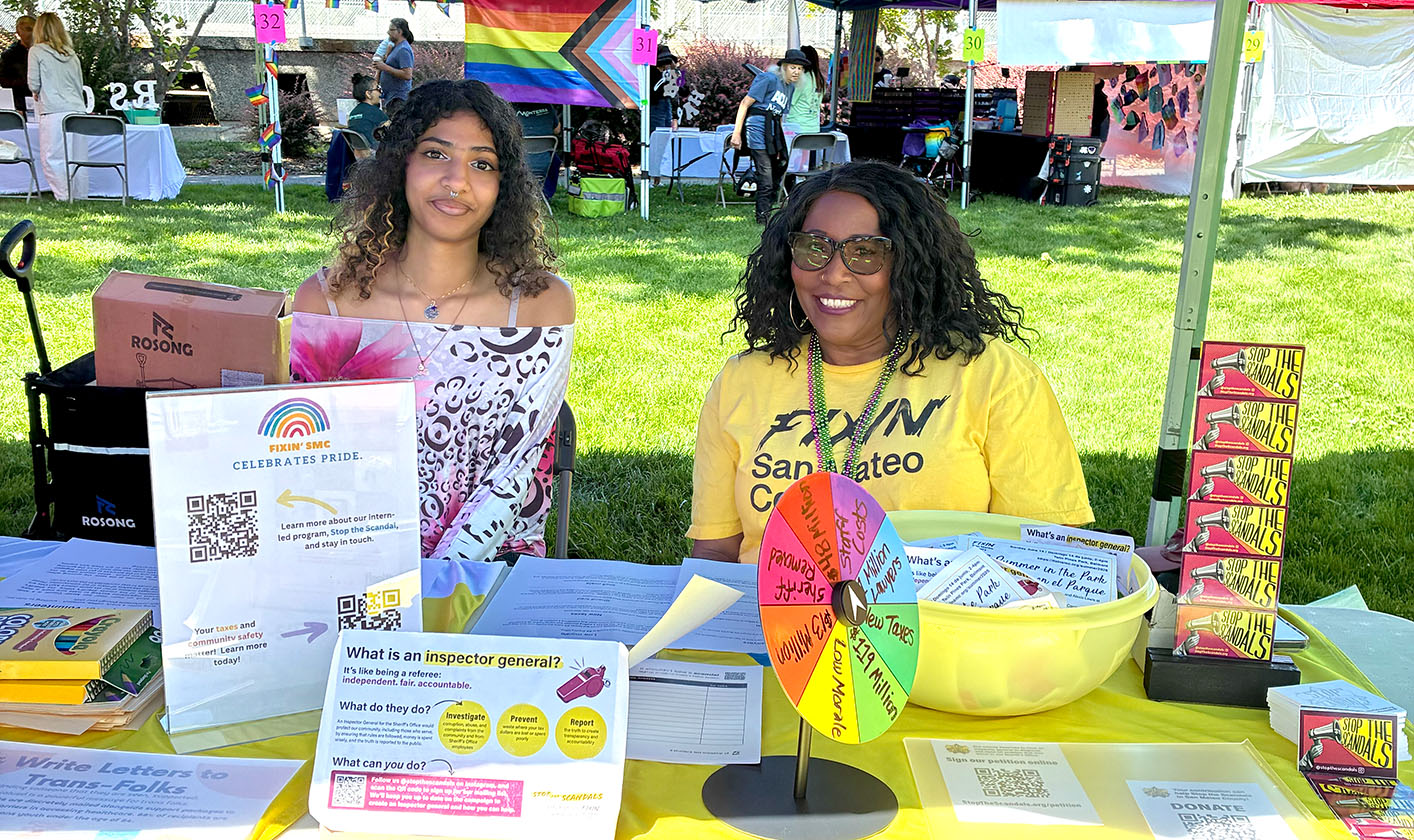 Two Fixin' volunteers at the San Mateo Pride festival in June 2026